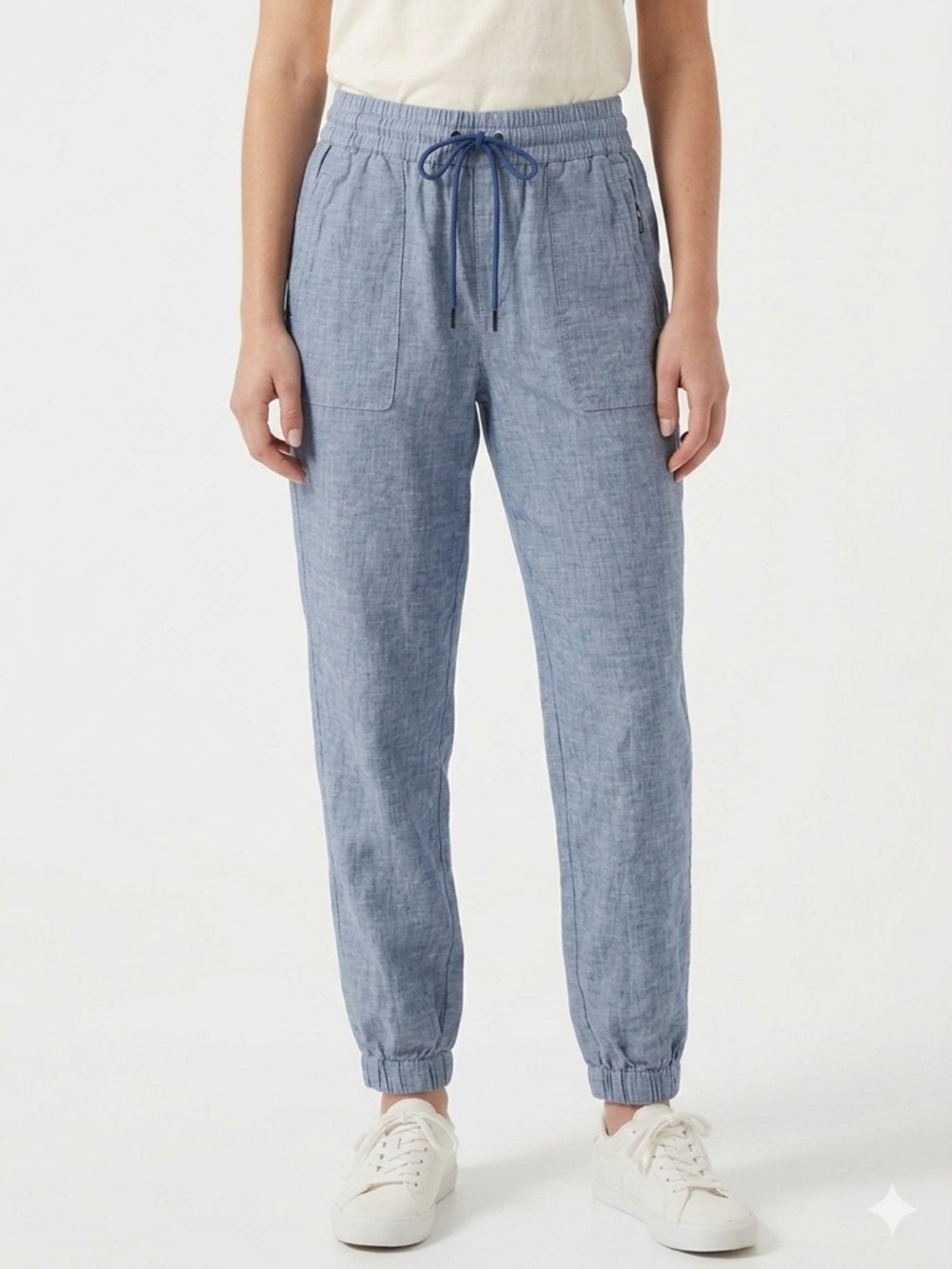 Athleta Retreat Jogger Pants Elastic Waist 100% Linen Chambray Blue Size 14